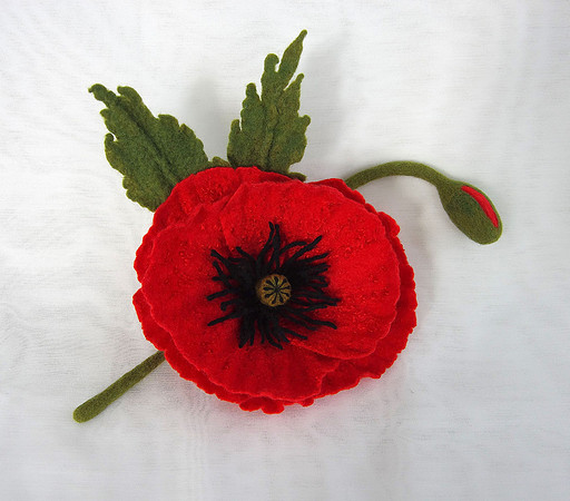 Big red poppy. Felted brooch for hat